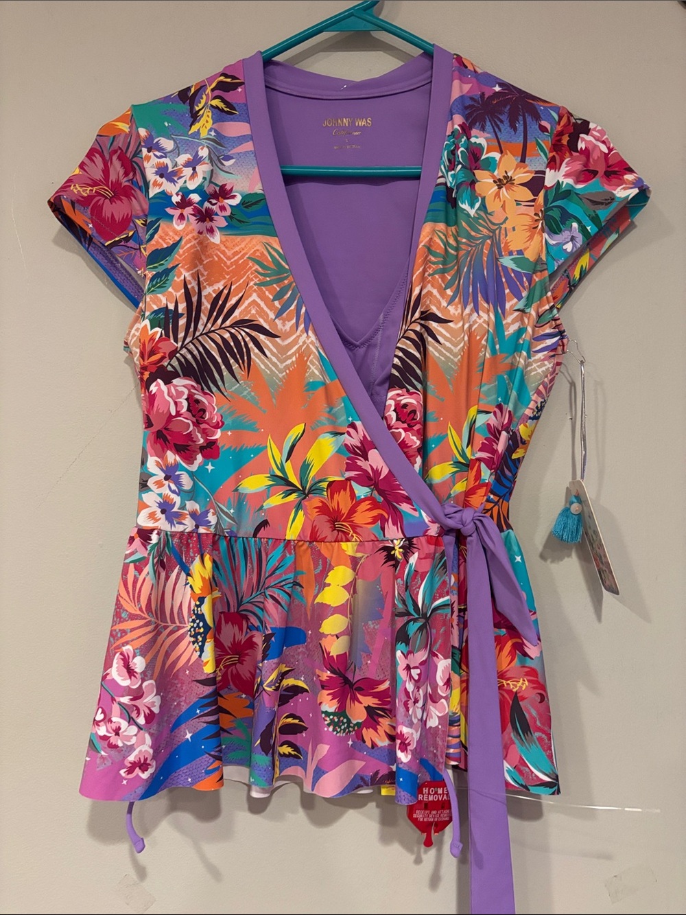 Johnny Was Multicolor Tropical tankini Top with Purple Trim